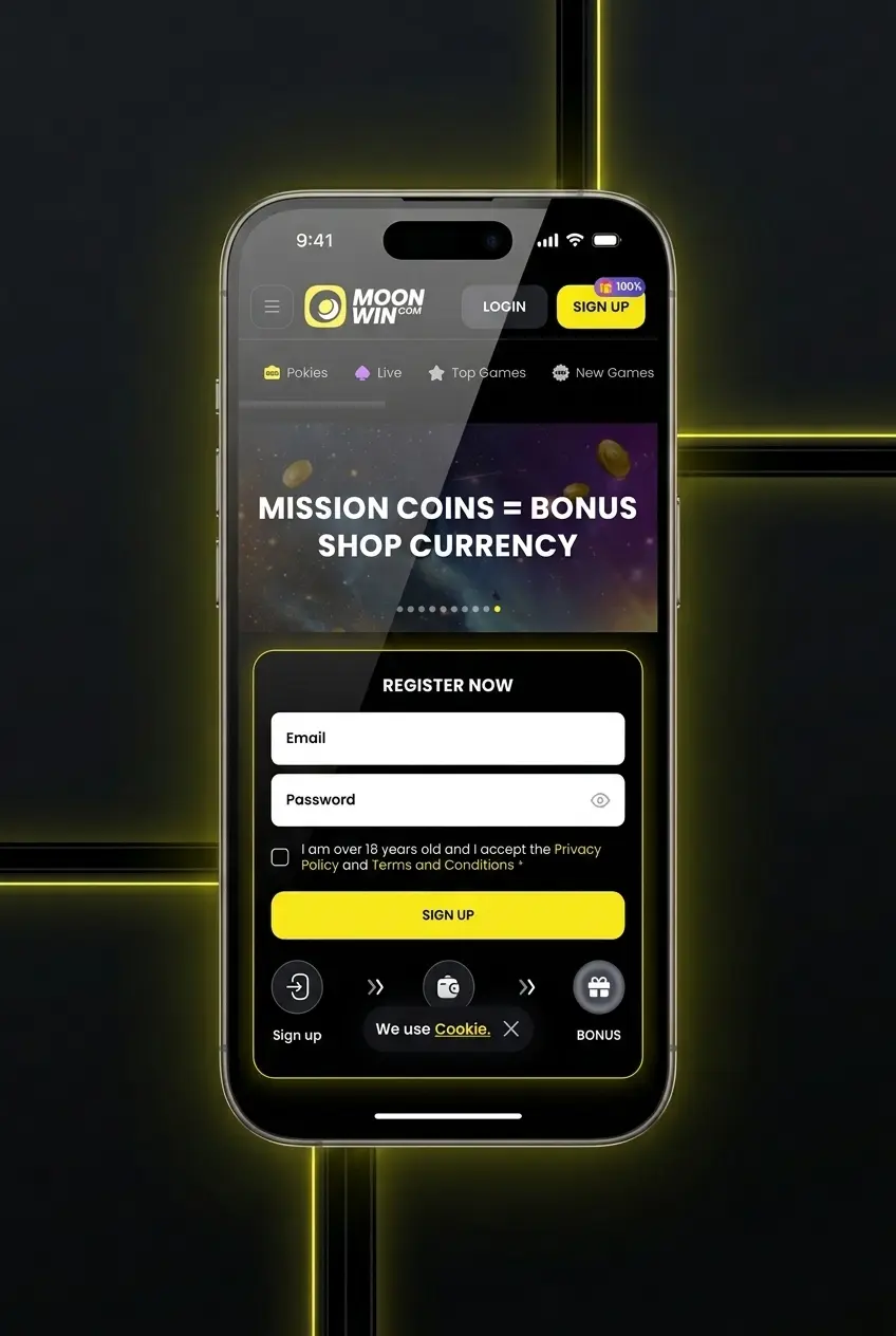 Moonwin iOS app installation steps on iPhone showing download, install prompt, trust settings, and home screen launch