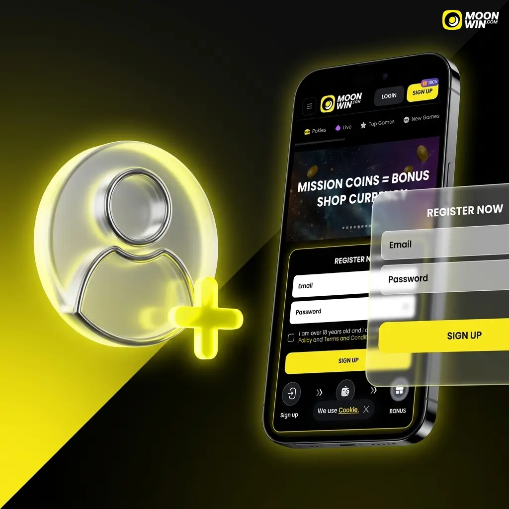 Moonwin Australia registration form showing sign-up steps including email entry, personal details, and AUD currency selection