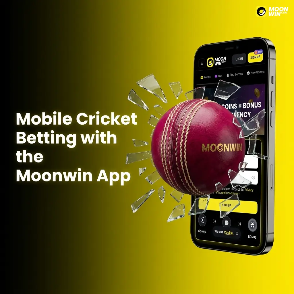 Moonwin mobile app interface showing cricket betting markets, live in-play options, and account management on a smartphone screen
