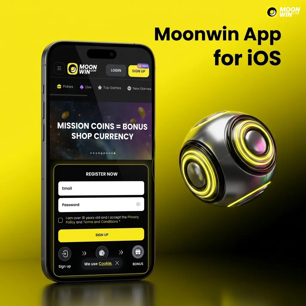 Moonwin iOS app interface displayed on iPhone and iPad, available free for Australian users with casino and sportsbook access