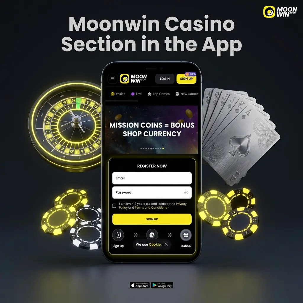Moonwin Casino app lobby showing game categories including slots, live casino, crash games and jackpot titles on mobile