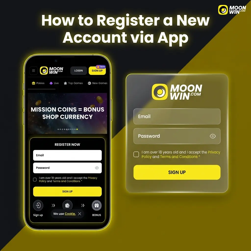 Moonwin app registration screen showing step-by-step account sign-up process with email, phone, or social media options