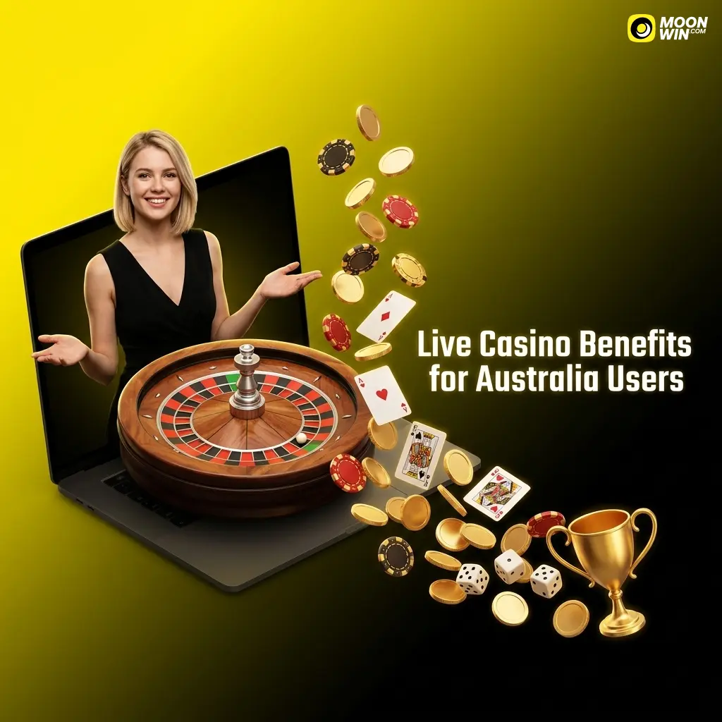 Moonwin live casino benefits for Australian players including AUD accounts, 24/7 tables, HD streaming, and fair play certification