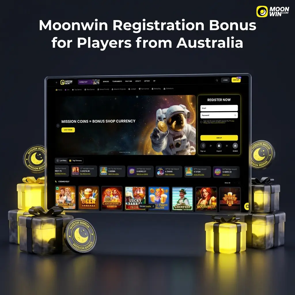 Moonwin welcome bonus tiers for Australian players showing 100% up to 375 AUD and 125% up to 7500 AUD with free spins
