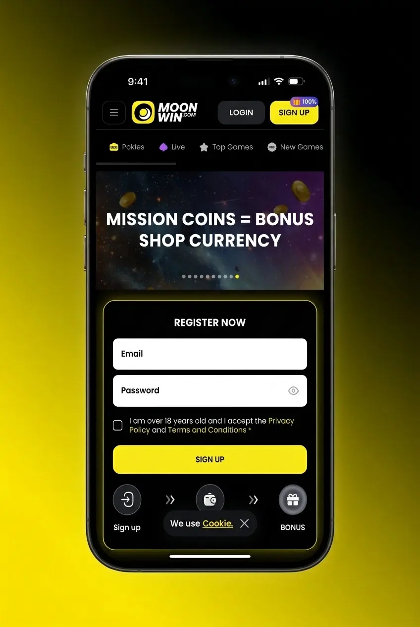 Moonwin sign up instructions showing 5 steps to register an account on the platform in under two minutes